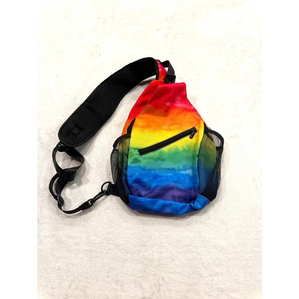 Rainbow Tie Dye Sling Bag Crossbody Backpack Festival Travel Mesh Pockets 15in